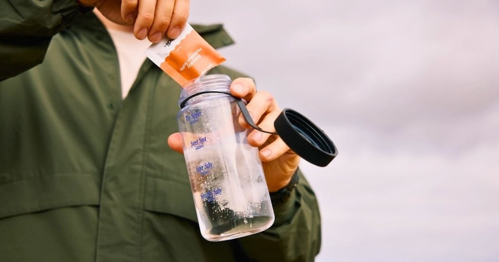 hydration-cognition-focus person tipping electrolytes into drink bottle full of water