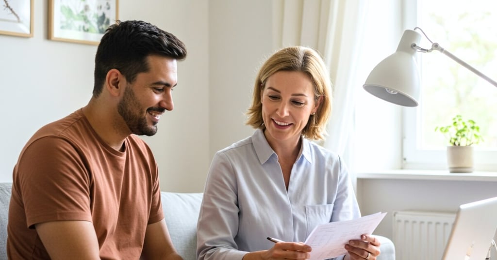 Photo of a man with a health practitioner discussing test results.