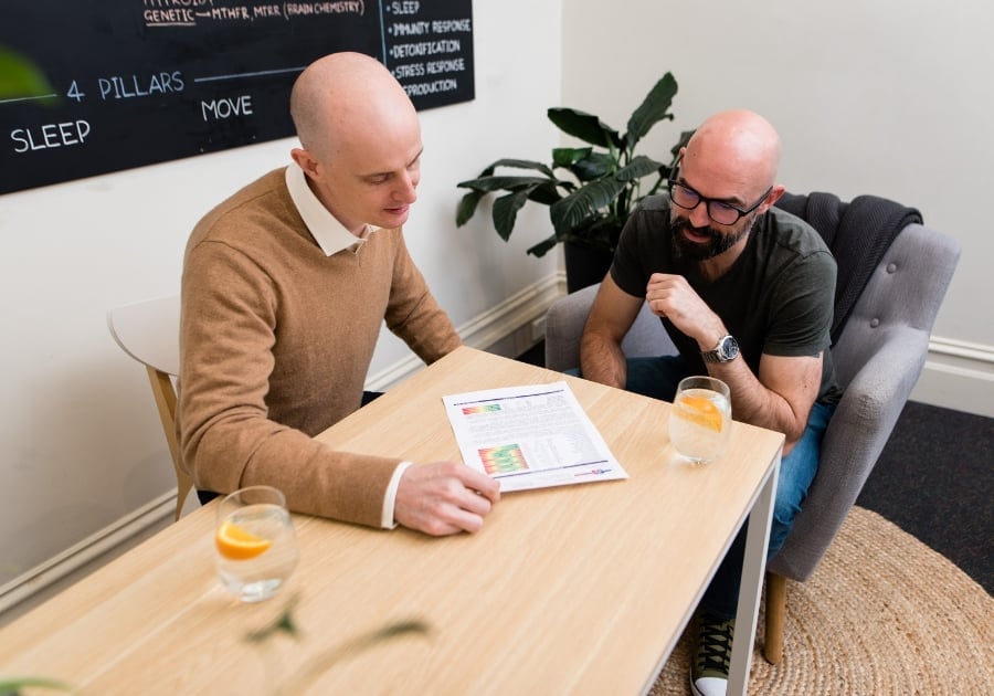 services-jabe-adam-test-interpretation practitioner sits at desk and looks at printed test results with male bearded patient