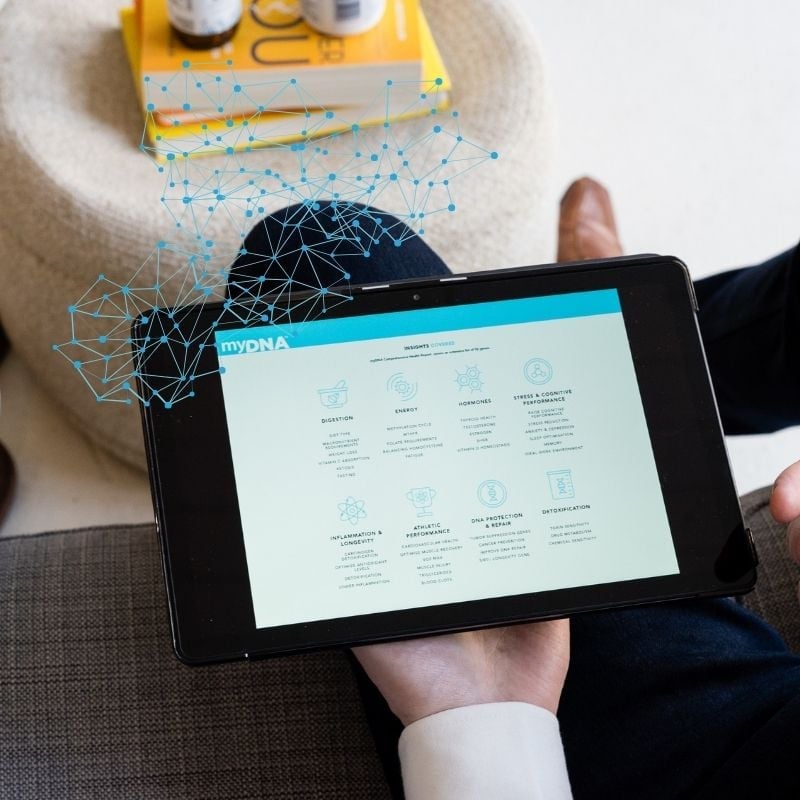 shop-mydna-comprehensive-2 A functional medicine practitioner holding a tablet with a screen showing the areas a DNA test is looking at